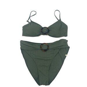 Summersalt Size 10/12 Green Rib Buckle Bikini Set High Waist Bottom Swimwear